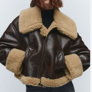 Zara Dark Brown double breasted leather jacket with fur interior